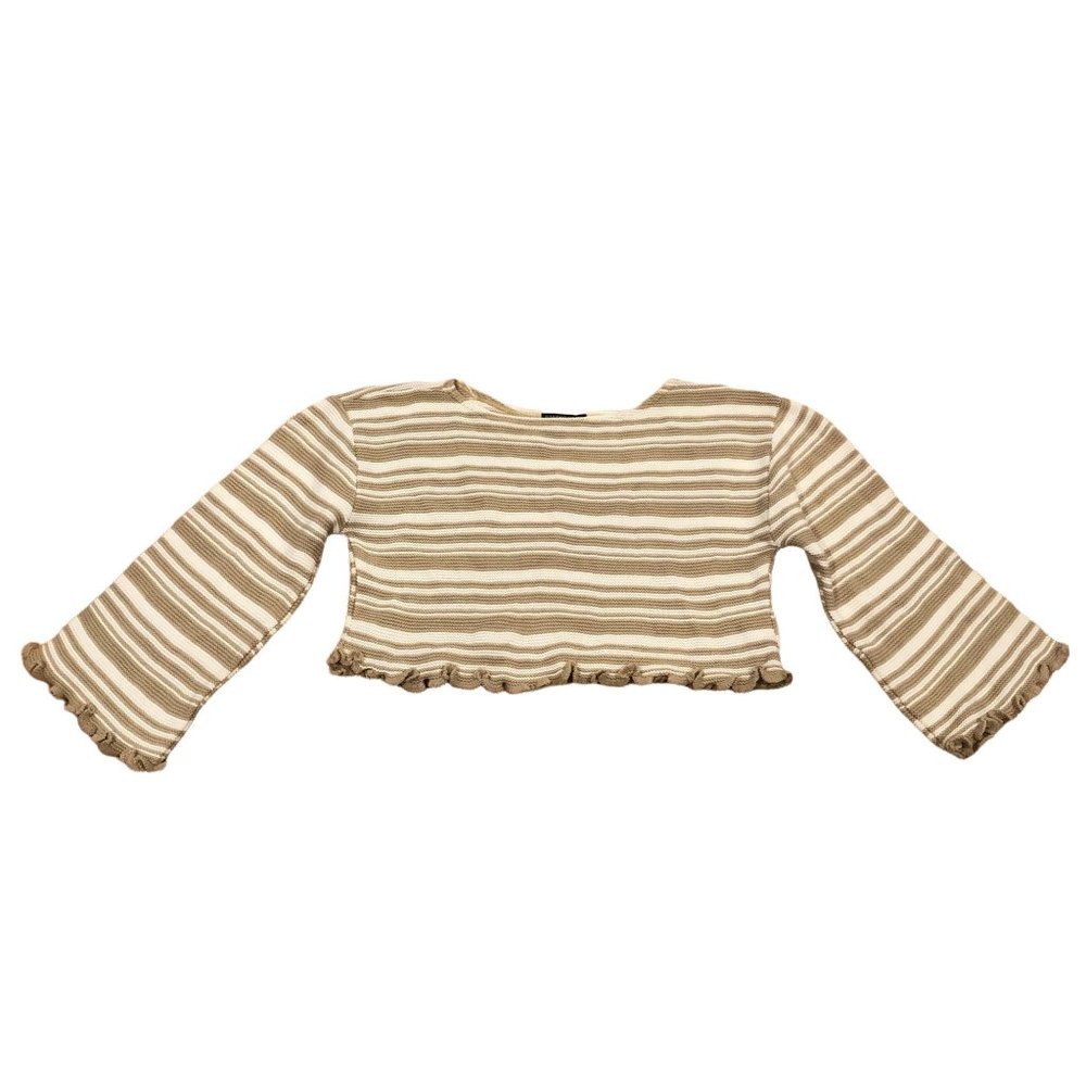 Nasty Gal Cropped Wide Sleeve Sweater Small Womens Tan White Striped Ruffle